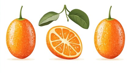 Kumquats, sliced, leaves, white background, healthy food