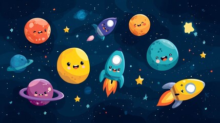 Naklejka premium Whimsical cosmic adventure featuring cute planets, rockets, and playful stars