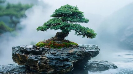 Miniature tree on rock serene nature scene artistic bonsai art green foliage