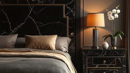 Art Deco Bedroom with Marble and Solitary Flower, Generate AI