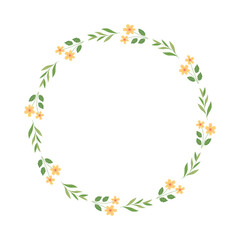 Minimal floral wreath with yellow wildflowers and green leaves on white background. Perfect for wedding invitations, logos, and seasonal decoration. Vector illustration in botanical style.