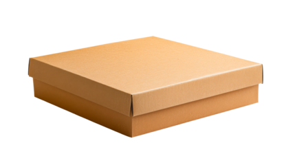 Tan Square Cardboard Box Packaging, Close Up, Low Angle View, cut out transparent