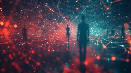 Silhouette figures in a network of red and blue light abstract digital art data dots dark human lines