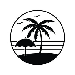 Retro vintage style palm tree with umbrella in see view