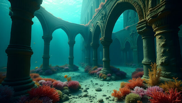 ruinas antiguas bajo el mar con corales y columnas