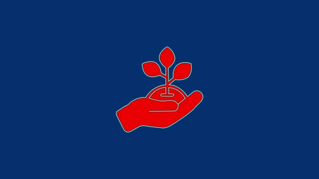 Plant in hand of environmental protection icon isolated on blue color background. Seed and seedling. Planting sapling.