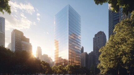 Obraz premium Modern skyscraper sunrise city park