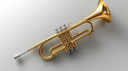 Obraz premium Golden Trumpet Instrument with Shiny Finish and Detailed Valves on a Neutral Background