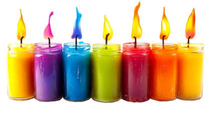 Colorful wax candles in glass jars, flame burning on wick, cut out transparent