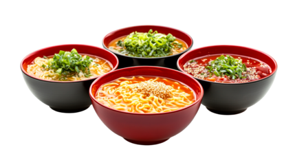 Four noodle soup bowls, different flavors, cuisine presentation, cut out transparent