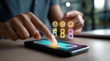 User Engaging with Smartphone Displaying Emoticons and Feedback Options