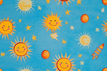 Kids Pattern: Cheerful Sun, Rockets, and Stars Space Seamless Background