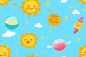 Kids Pattern: Playful Sun, Smile, Blue Seamless Vector Art with Stars, Planet, Clouds, Ice Cream