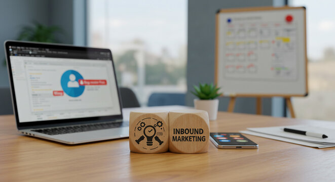 Laptop with user interface next to inbound marketing blocks on a wooden desk in an office space