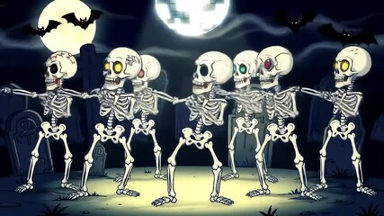 Animated skeleton group dancing under moonlight in spooky cemetery with glowing eyes and eerie bats concept of halloween festivity, spooky night, vibrant animation