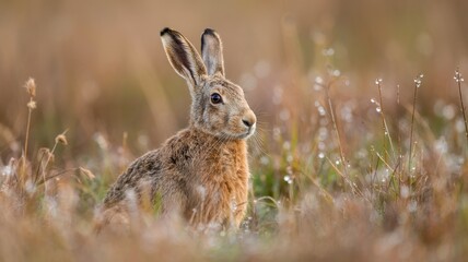 Obraz premium Hare sitting in golden dry grass with alert ears and soft fur in warm sunlight