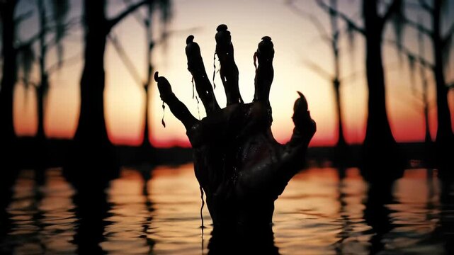 Creepy zombie hand rising from dark swamp at sunset with dramatic silhouette and dripping slime. Concept of Halloween horror, undead creature, scary night scene