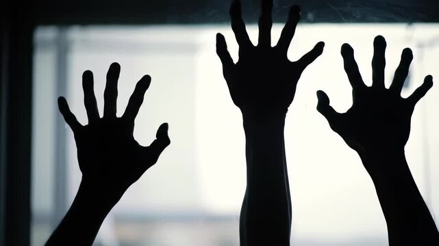 Silhouette of scary zombie hands scratching window glass in dark horror scene with spooky atmosphere and eerie light. Concept of Halloween fear, undead terror, haunted thriller
