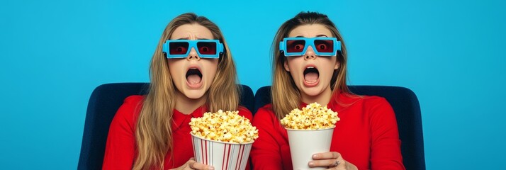 Obraz premium Two women enjoying a funny film together at the cinema, sharing laughter and snacks.