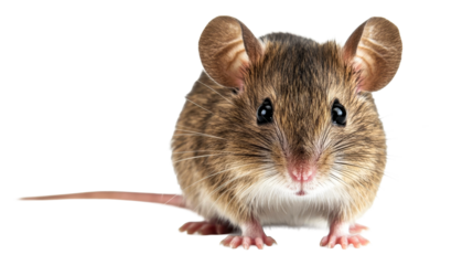 Close-up of a cute little house mouse facing forward, cut out transparent