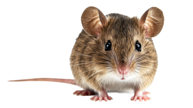 Close-up of a cute little house mouse facing forward, cut out transparent