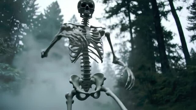 Mysterious skeleton dancing amidst misty forest creating eerie atmosphere of ancient myths and haunting enchantment. concept of mystery, mythical creatures, spooky vibes, enchanted woods