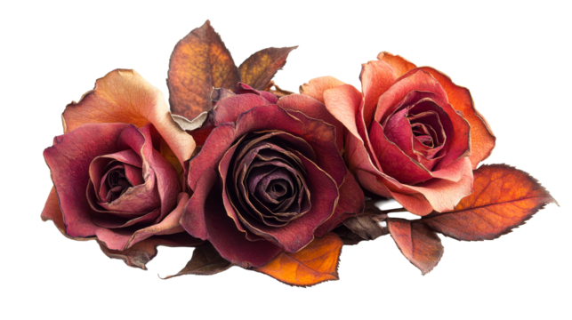 Three roses with dried petals and foliage, close-up view «, cut out transparent