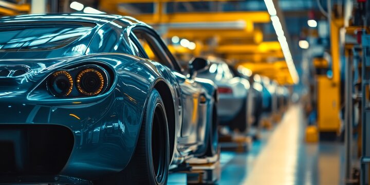 A car is being built in a factory. The car is a sports car and is in the middle of the assembly line