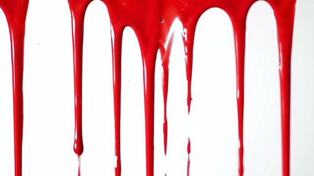 Red blood or paint dripping down clean white background. Concept of horror abstract texture, Halloween spooky liquid flow, dramatic suspense effect