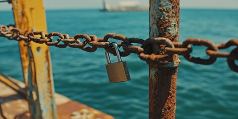 A rusty chain lock on a metal fence by the waterfront.