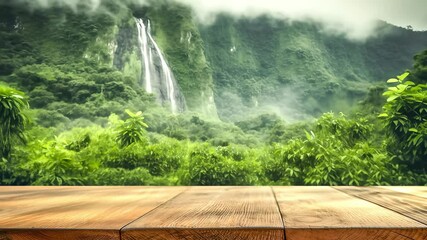 Empty wooden table mockup 4K video footage: stunning nature landscape background with green jungle mountain waterfall & mist. Perfect for product display or travel themes.
