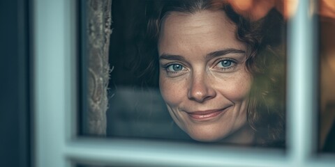 Female face smiling at the viewer from behind a window frame.