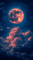 Fototapeta premium A large, reddish moon hangs low in a night sky filled with dark clouds illuminated by its glow, creating a dramatic, celestial scene