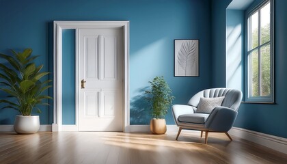 Fototapeta premium room with blue walls a wooden floor and a white door there is an armchair on the left side of the picture and there is also a plant on it the light from the window falls beautifully onto the wall