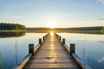 Fototapeta premium Wooden pier stretches across reflective lake at sunrise