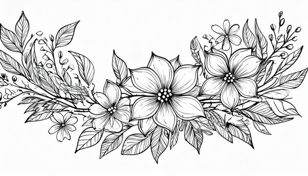 simple black outline drawing long flower garland twigs with leaves floral border sketch in ink