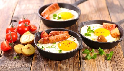 Delicious Breakfast Fried Eggs with Sausage in Mini Skillets