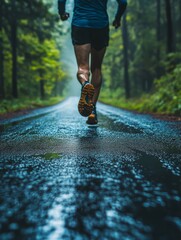 Man running in rain on forest road at dawn or dusk.