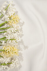 Beautiful flyer made of different varieties of hyacinths. Abstract flower arrangement for screen and design template. Spring card, business card for product demonstration, gift for loved ones