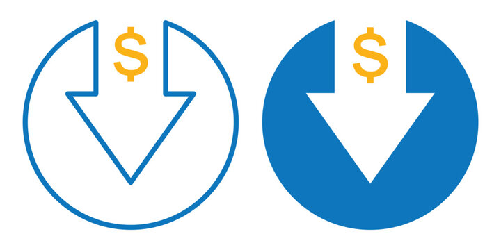 Money arrow down icon set. Price change symbol. Increase and decrease arrow with dollar sign. Cash currency rate. Stock graph. Income and loss vector illustration. financial decrease Money arrow set. 