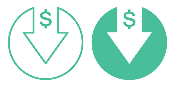 Money arrow down icon set. Price change symbol. Increase and decrease arrow with dollar sign. Cash currency rate. Stock graph. Income and loss vector illustration. financial decrease Money arrow set. 