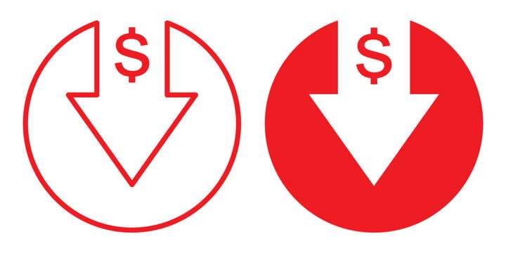 Money arrow down icon set. Price change symbol. Increase and decrease arrow with dollar sign. Cash currency rate. Stock graph. Income and loss vector illustration. financial decrease Money arrow set. 