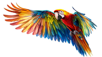 Fototapeta premium Vibrant macaw in flight, colorful plumage, close-up view, cut out transparent