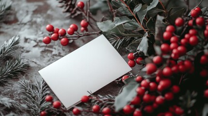 A white card with a red border sits on a table with red berries. The card is blank, and the berries are fresh and vibrant. Concept of new beginnings and the beauty of nature during the holiday season