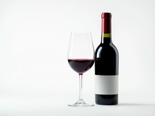 A bottle of red wine and a glass of red wine next to each other. A gift or celebratory beverage.