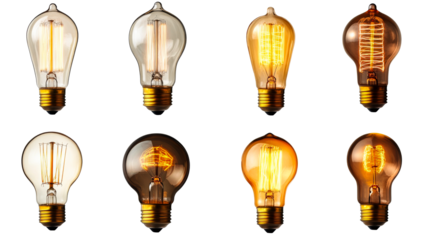 Edison lightbulbs collection. Vintage filament lamps assortment, cut out transparent