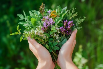 Close up hands cradling assorted medicinal plants