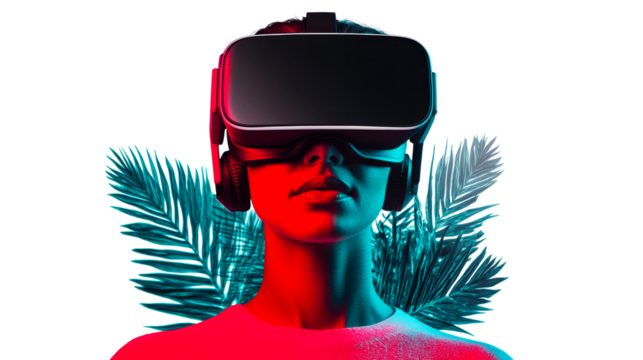 Woman with VR headset on black background, cut out transparent