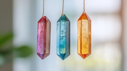 Holistic healing with balance crystals idea. Hanging crystal ornaments in vibrant colors.