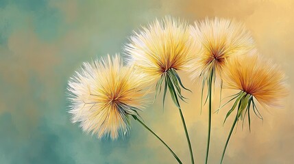 Obraz premium A trio of golden dandelions on an emerald and gold canvas against a cerulean backdrop